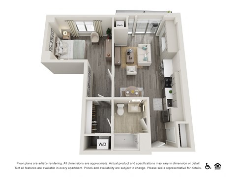 Floor plan for 1 bed, 1 bath, 708 sqft